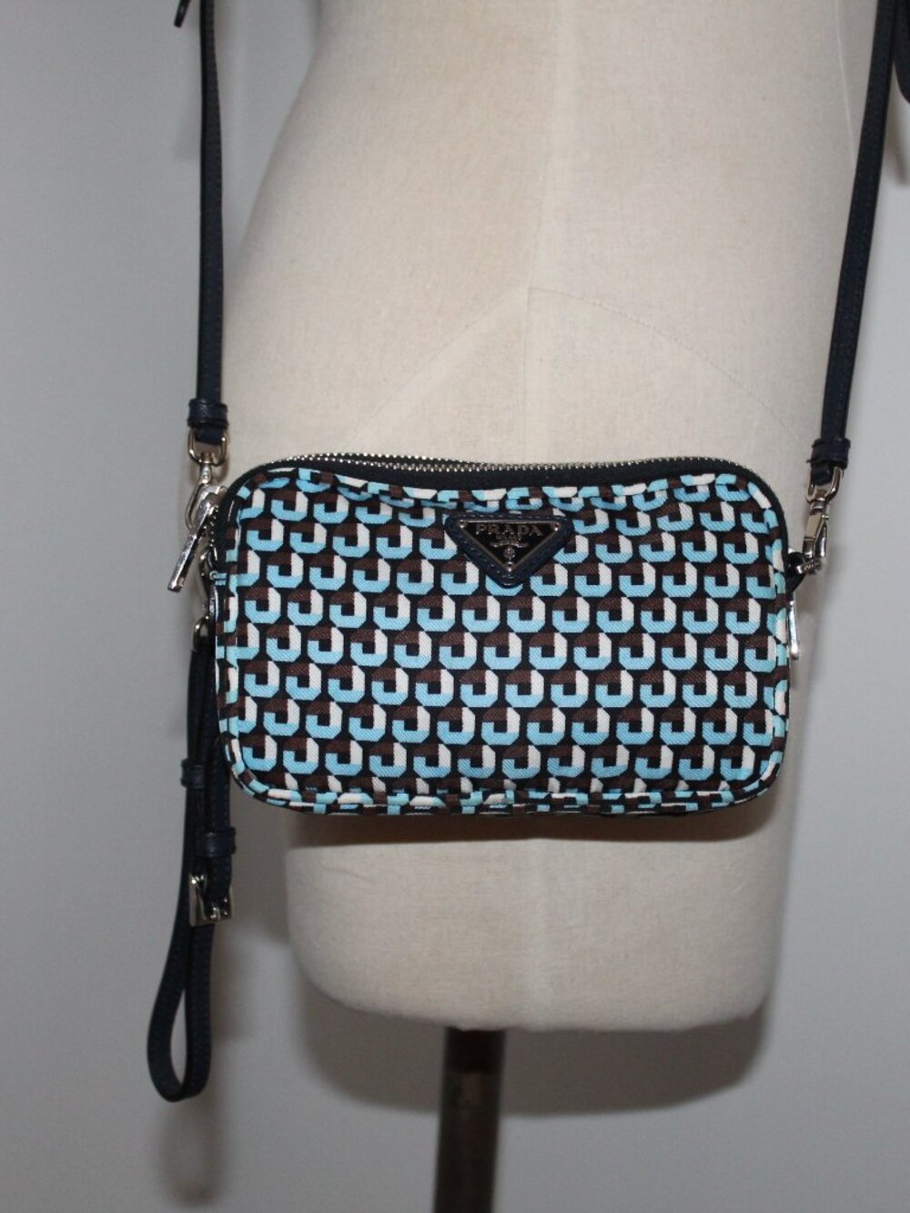 Prada Blue Geometric Tessuto Nylon Crossbody Triangle Logo Crossbody Wristlet